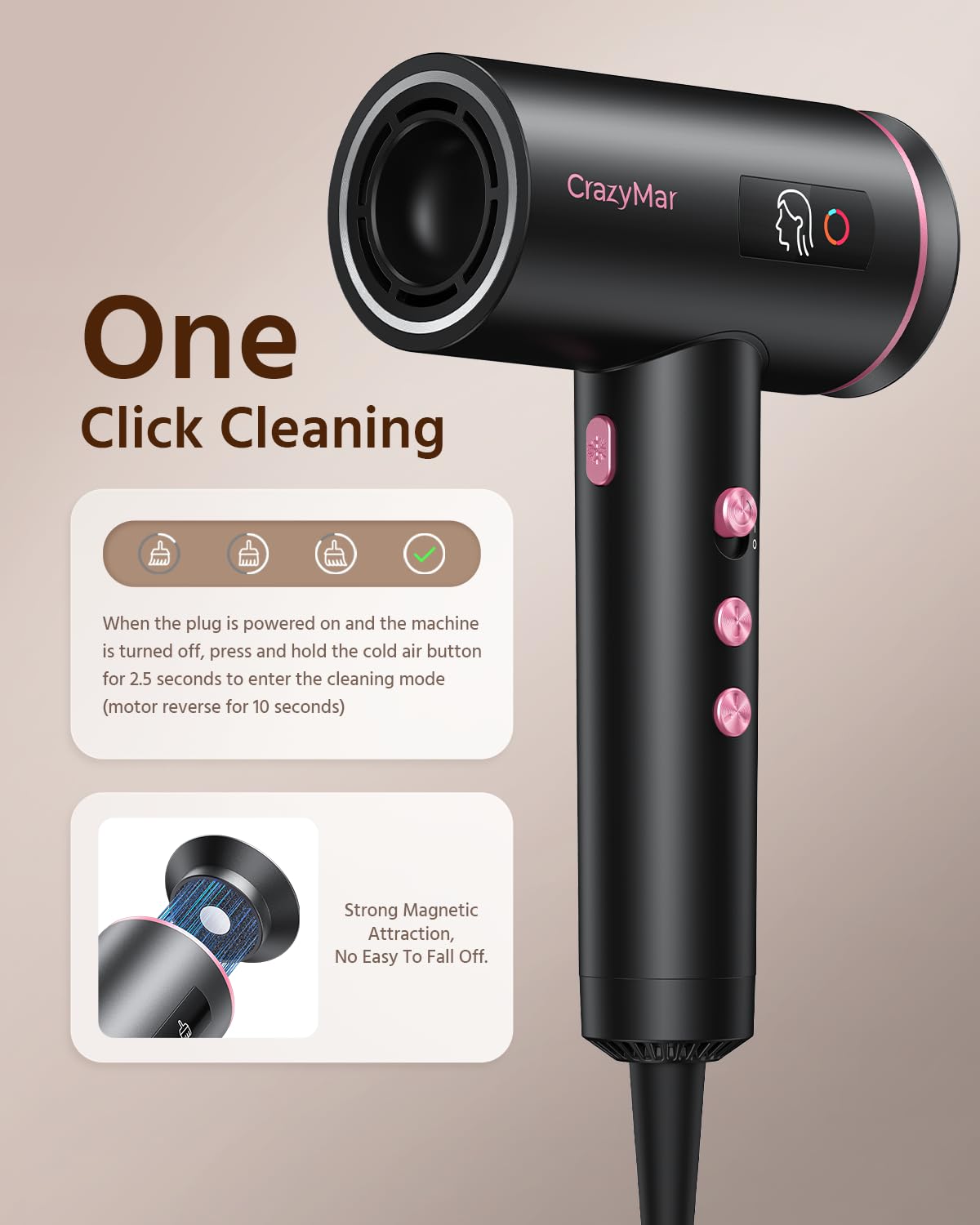 CrazyMar hair dryer attachment showcasing its secure magnetic snap mechanism for effortless swapping