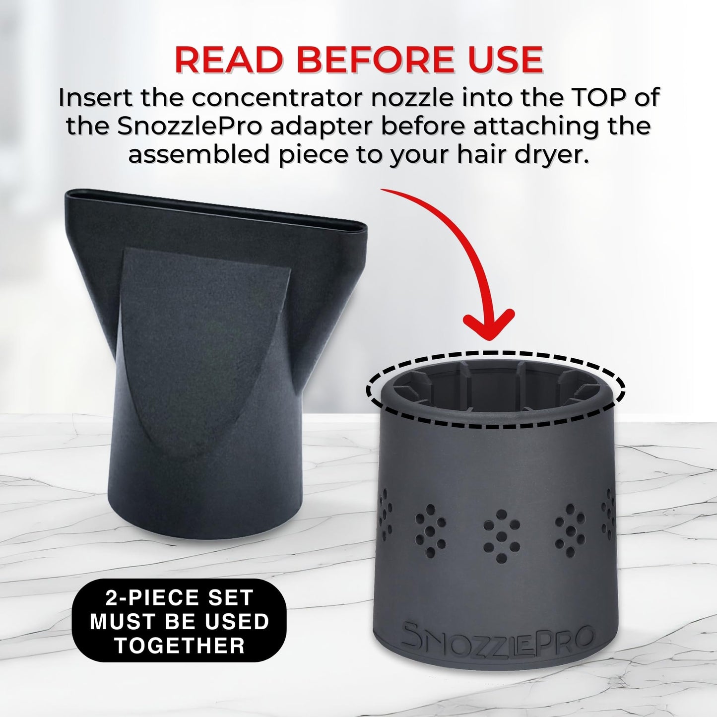 Demonstration of the secure fit of the Snozzle Pro universal blow dryer attachment on a salon styling tool.
