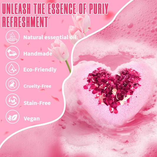 Oversized pink heart shaped bubble bath balls fizzing inside a warm water tub releasing rich essential oils.