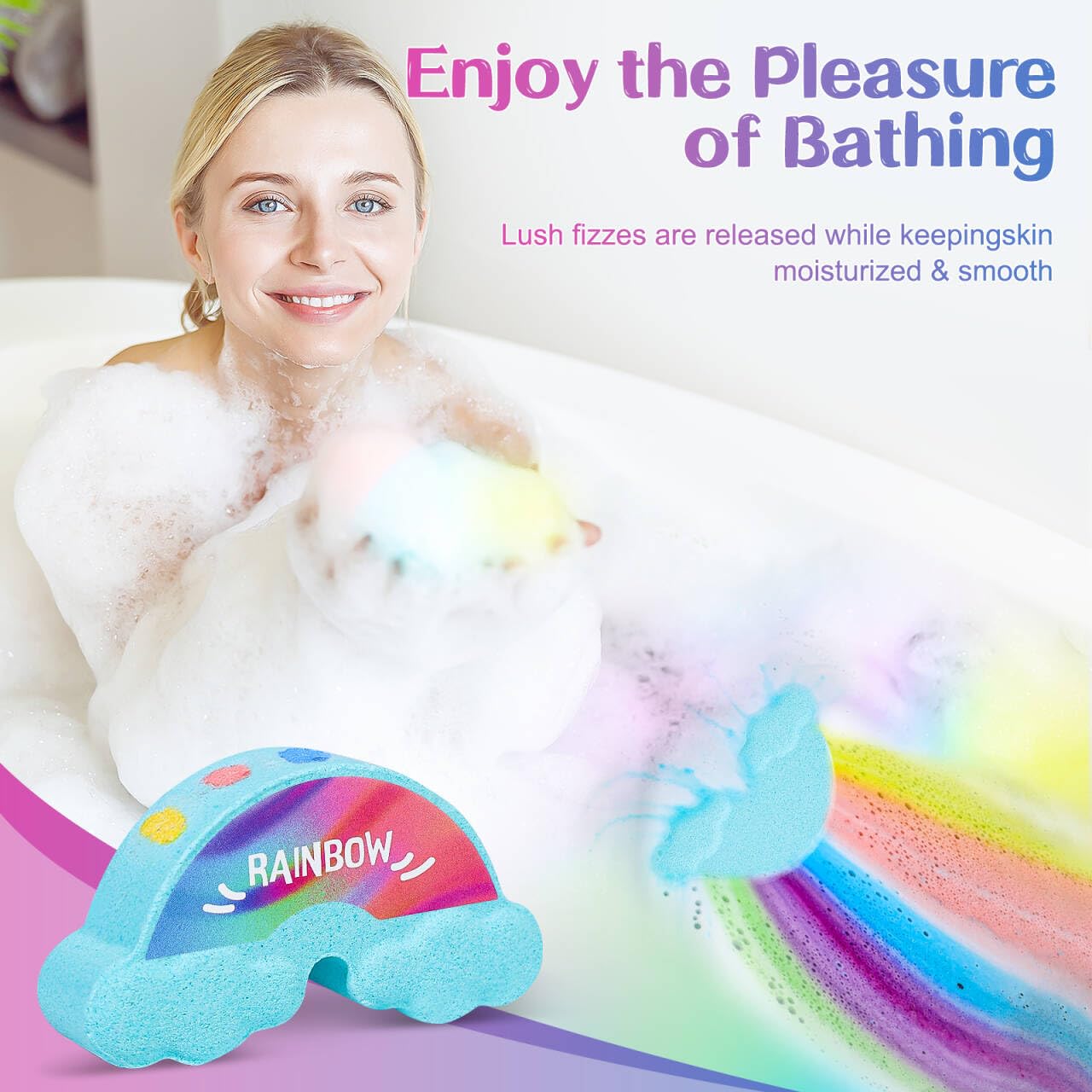 Stain free natural colorful bubble bath fizzer dissolving completely in clean home bathtub water