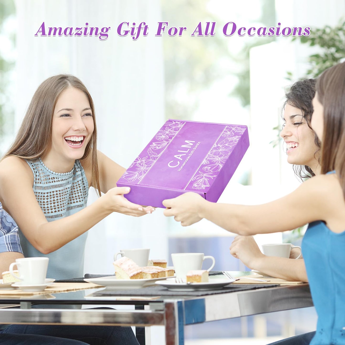 Opened luxury packaging displaying twenty pieces of festive multi colored bath bombs