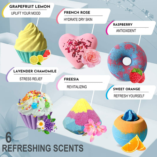 Six unique cupcake and donut shaped natural bath fizzies displayed together.