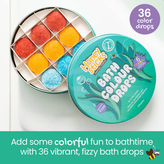 Honeysticks non toxic bathtub drops showing red yellow and blue primary colored tablets