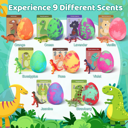 Colorful organic dinosaur egg bath fizzes dissolving in warm water