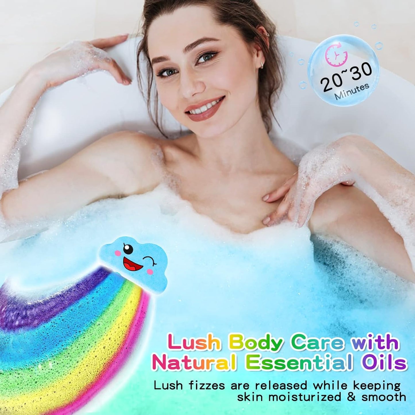 Imported kids bubble bath set dissolving in a tub creating colorful swirls without staining.