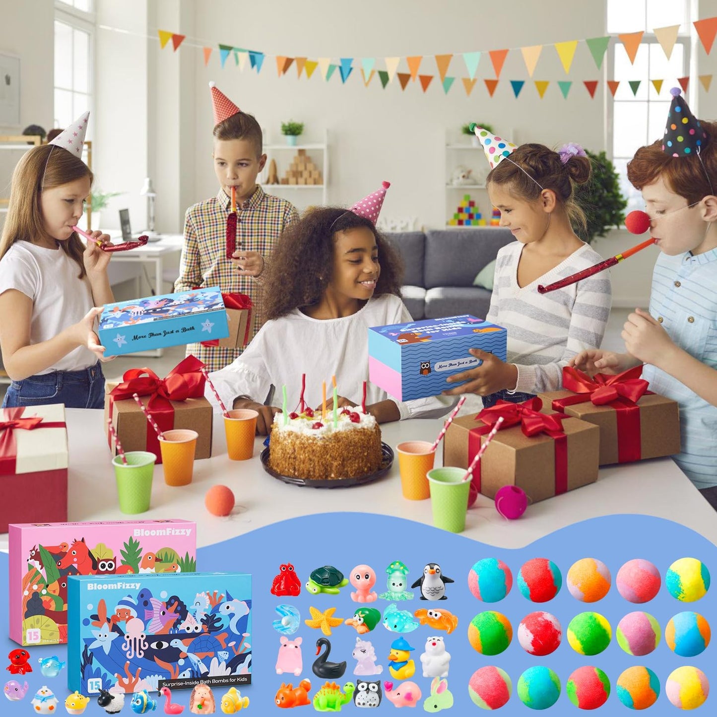 Children playing with the floating animal toys during a vibrant and colorful fizzy bath