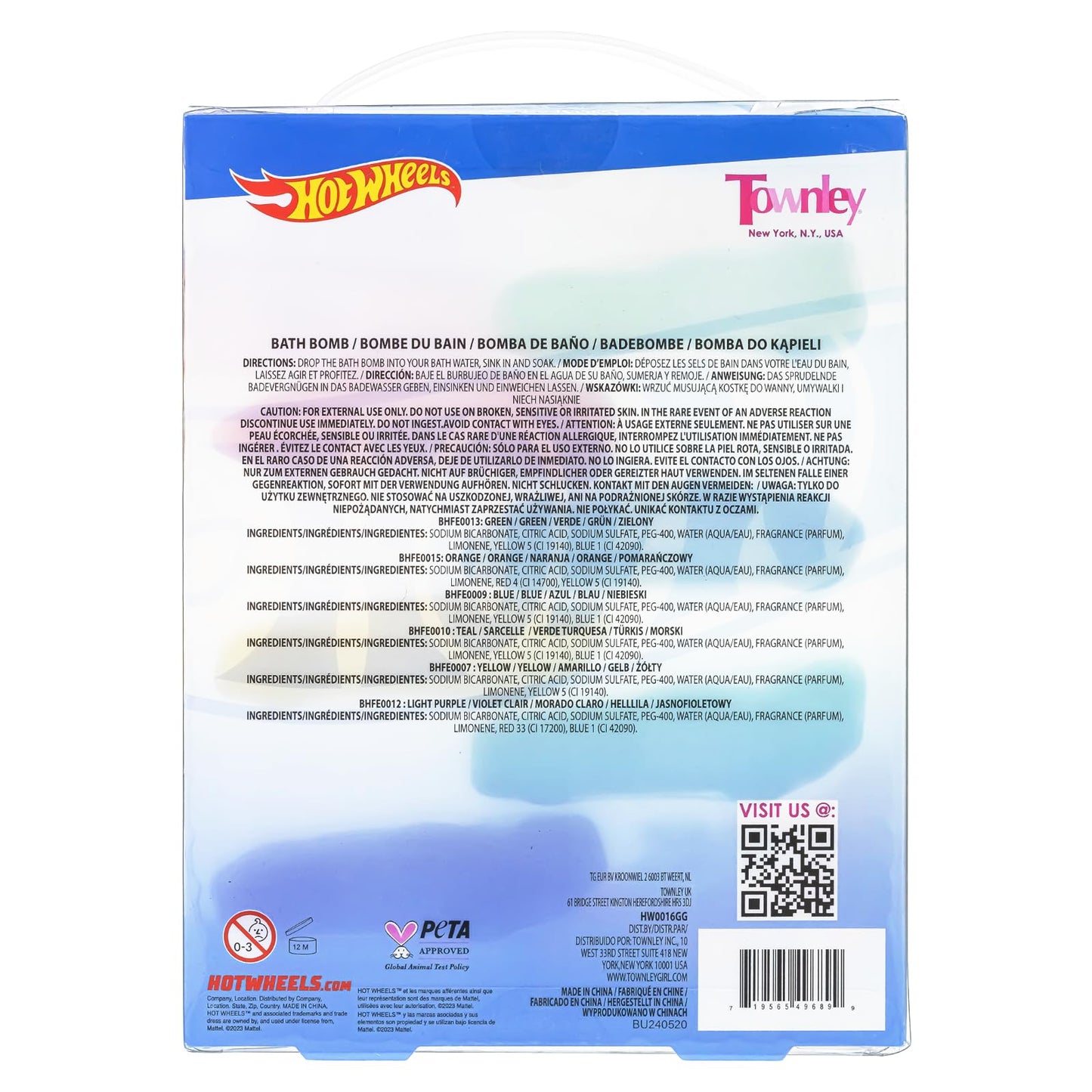 Townley Girl Hot Wheels bath bombs set back view safety info