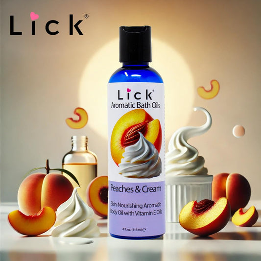 Lick Peaches and Cream scented body oil showing the product label highlighting sweet almond oil and vitamin E ingredients.
