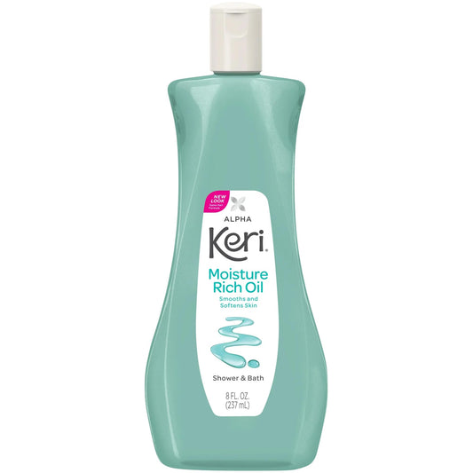 Keri emollient rich body oil 8 ounce bottle showcasing product labeling and usage directions