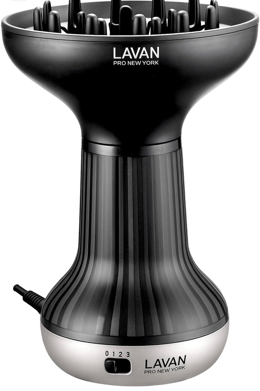 Close up view of the wide deep diffuser bowl attachment for defining natural curls.