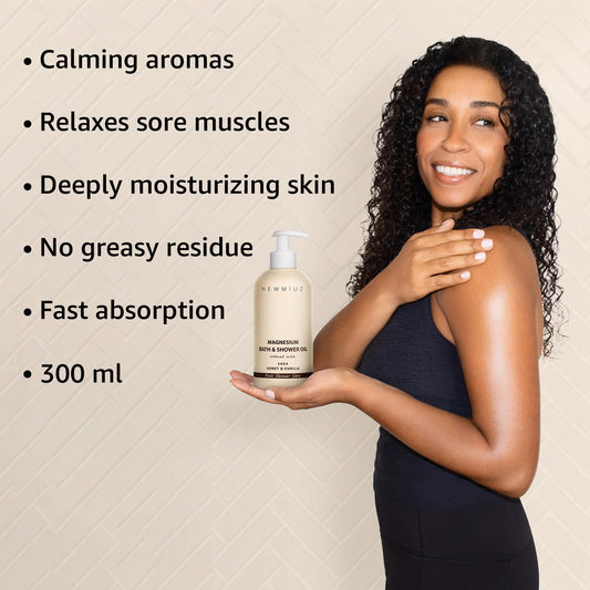 New Miuz after bath oil featuring shea butter honey and vanilla text