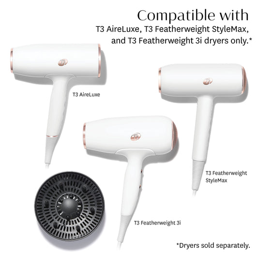 Angled view of the T3 SoftTouch 3 hair dryer attachment showcasing the deep bowl design for curl definition.
