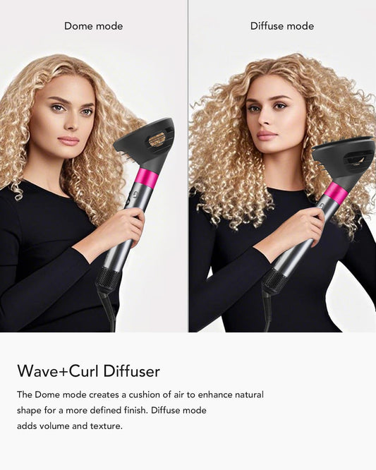 Upgraded diffuser nozzle for hair styler detailing the internal dome mode airflow design.