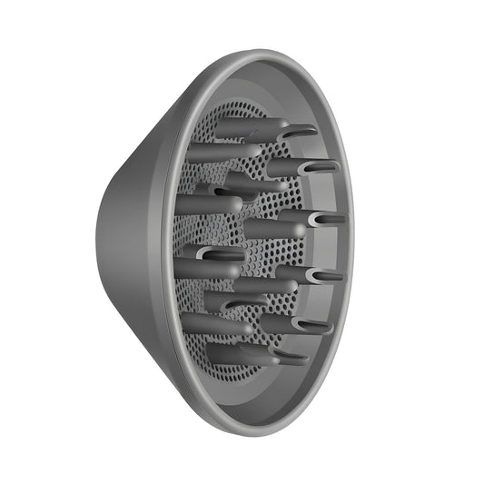 Grey curly hair diffuser accessory angled profile for styling control