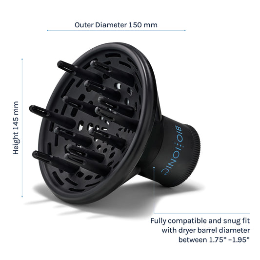 Bio Ionic professional hair dryer attachment side view showcasing the rotary knob
