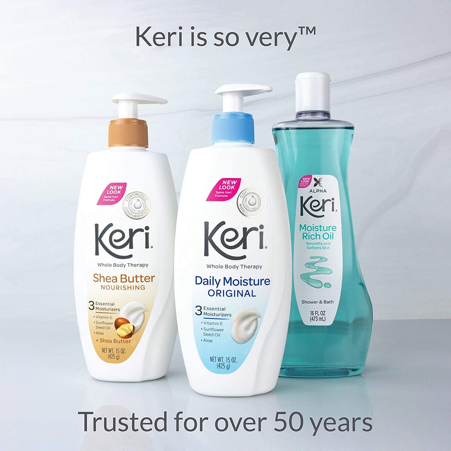 Close up of the secure cap and packaging details on the Keri 16 Fluid Ounce imported moisturizing body oil bottle.
