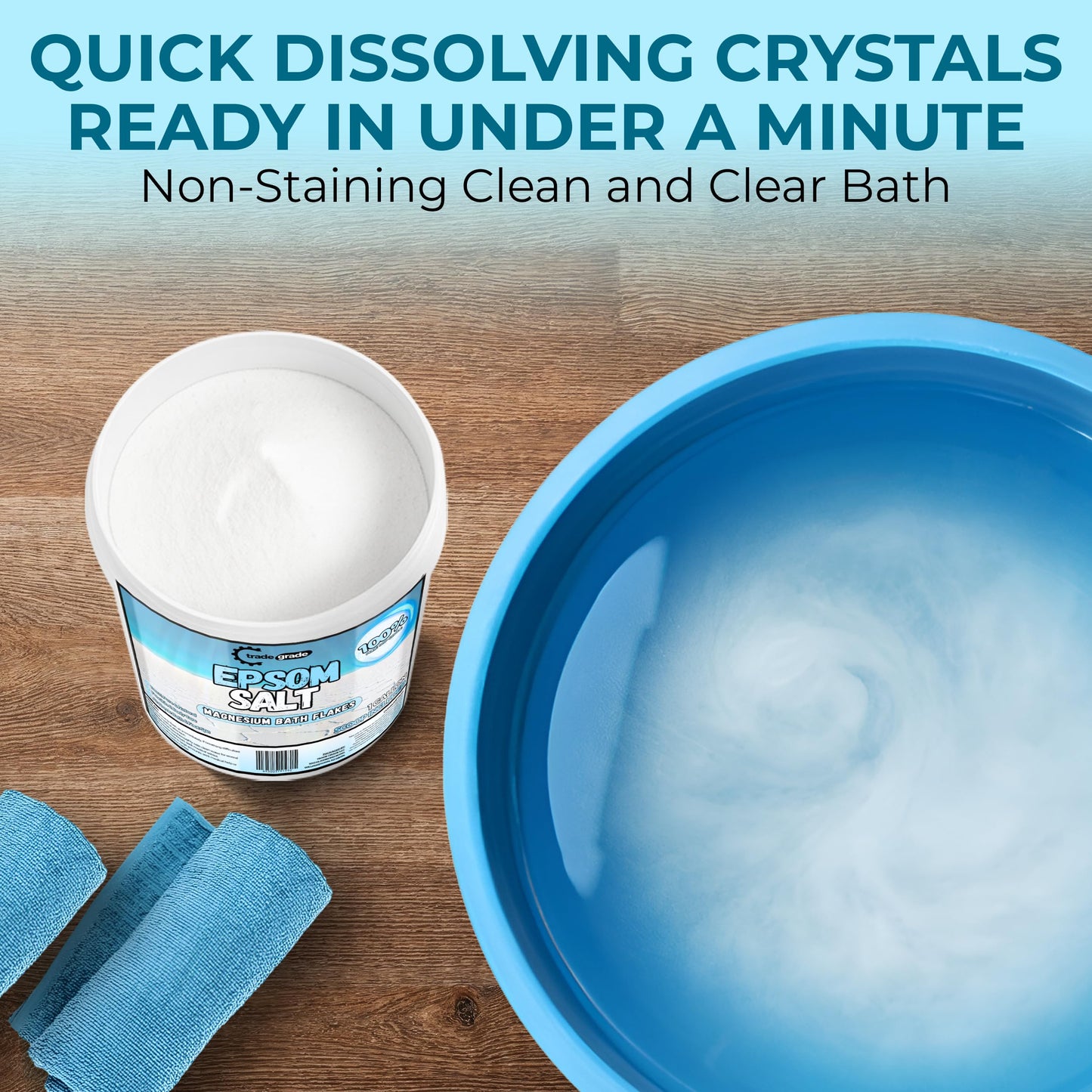 Open Trade Grade Epsom Salt bucket showing bulk crystals