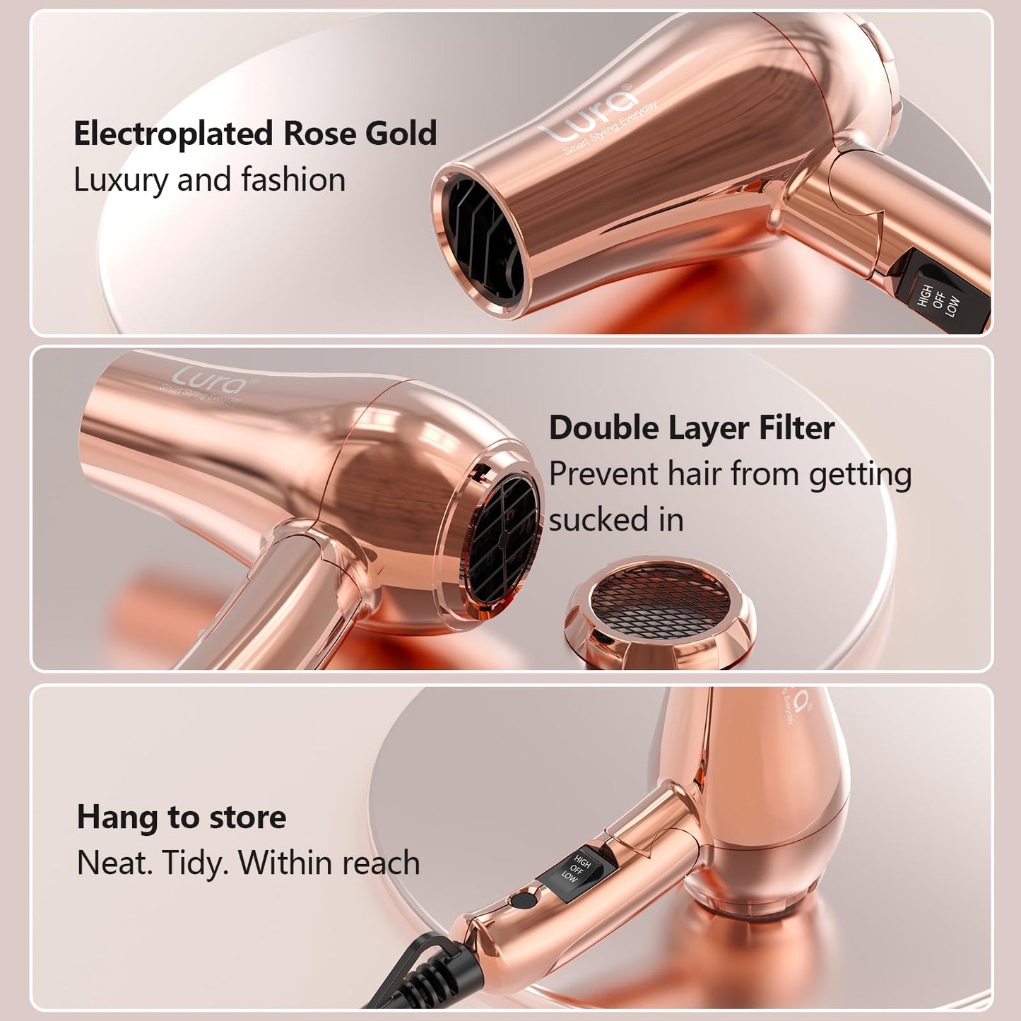 Lura rose gold hair dryer set with accessories and plug adapter