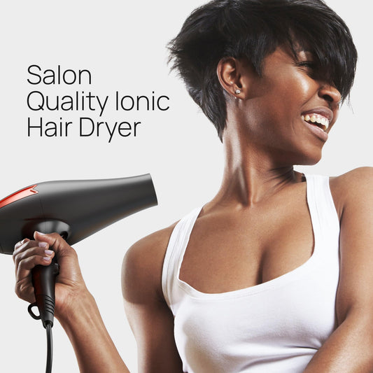 TREZORO salon blow dryer showcasing 2000W motor buttons and red accents