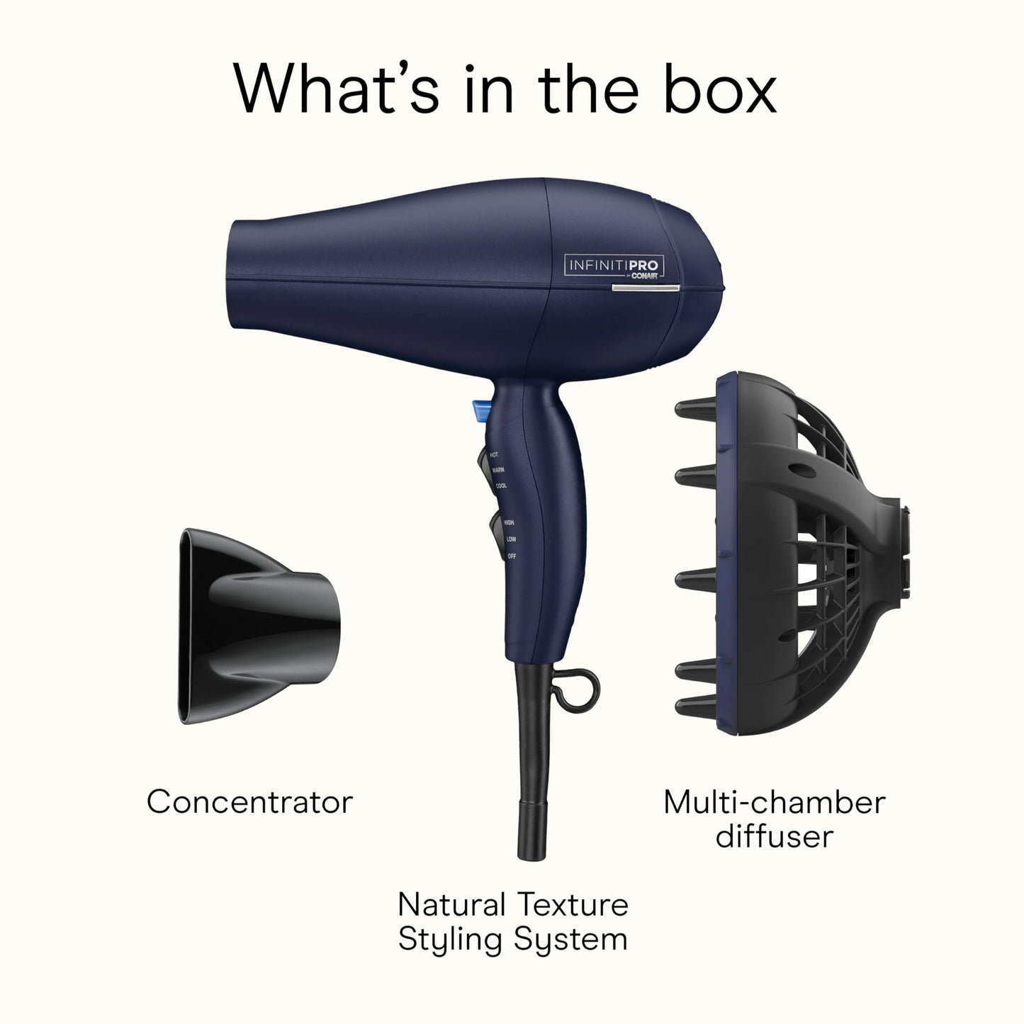 Conair InfinitiPRO dark blue styling tool layout including the main hair dryer unit and the specialized airflow diffuser nozzle