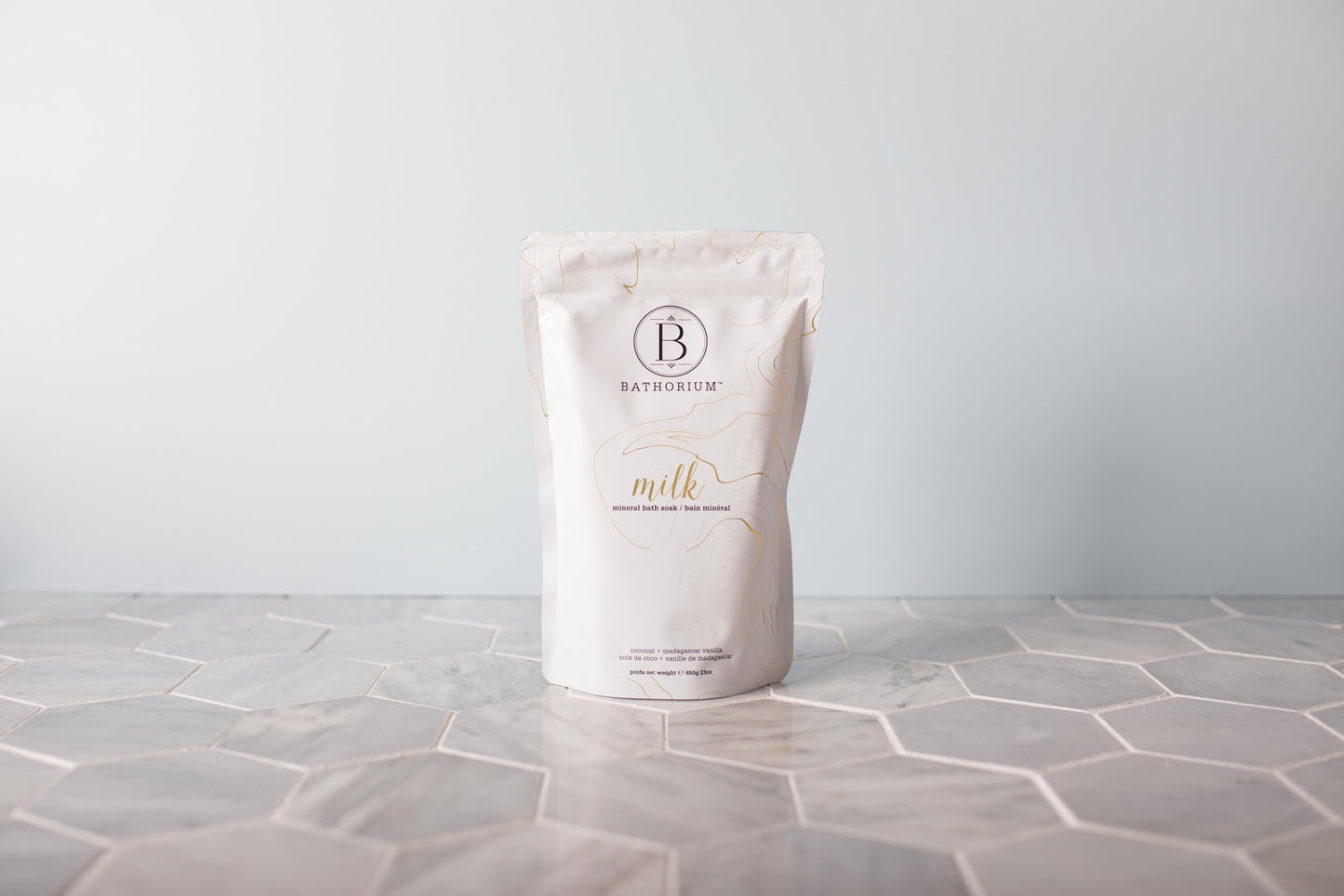 Close up of Bathorium Milk Mineral Bath Soak pouch