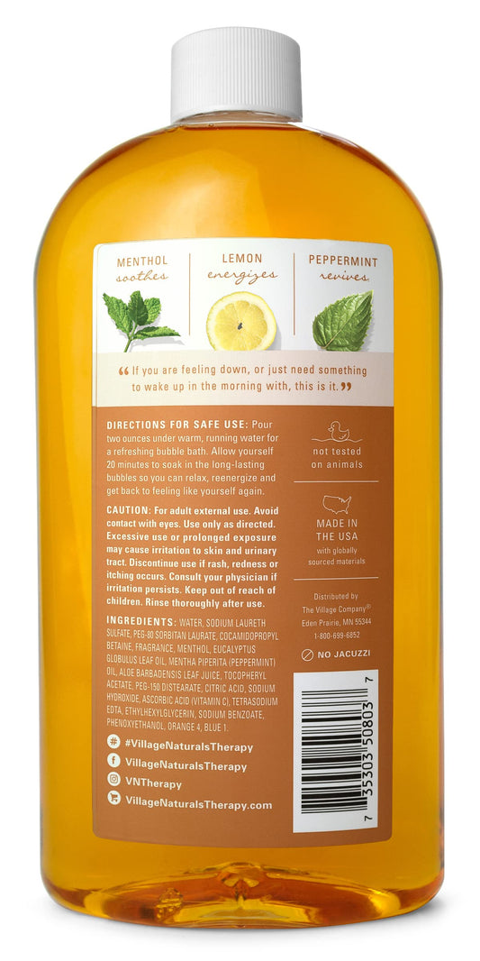Close up of Village Naturals Therapy Breathe Lemon Mint 20 ounce bottle.