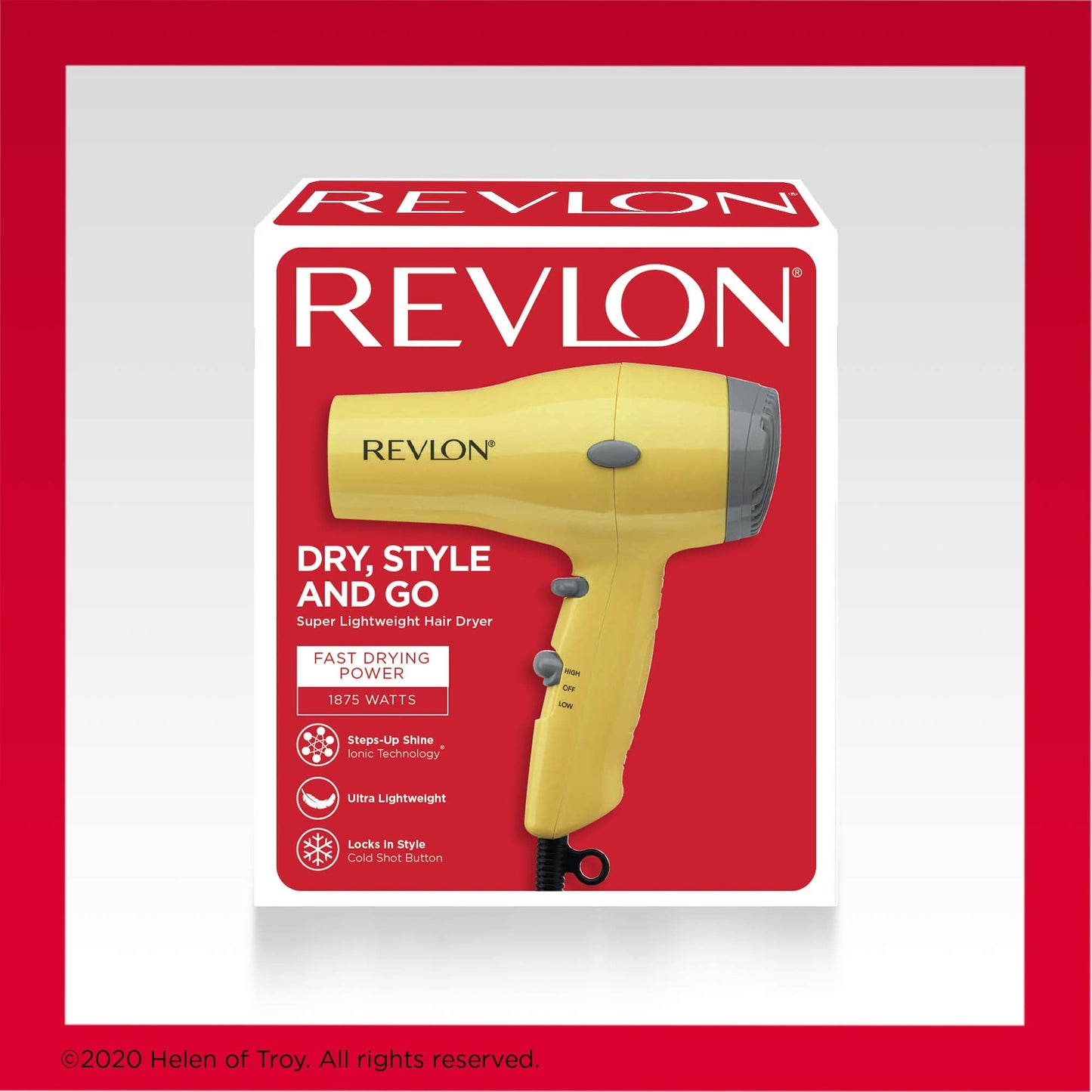 Revlon yellow mini hair blower on a vanity table setup