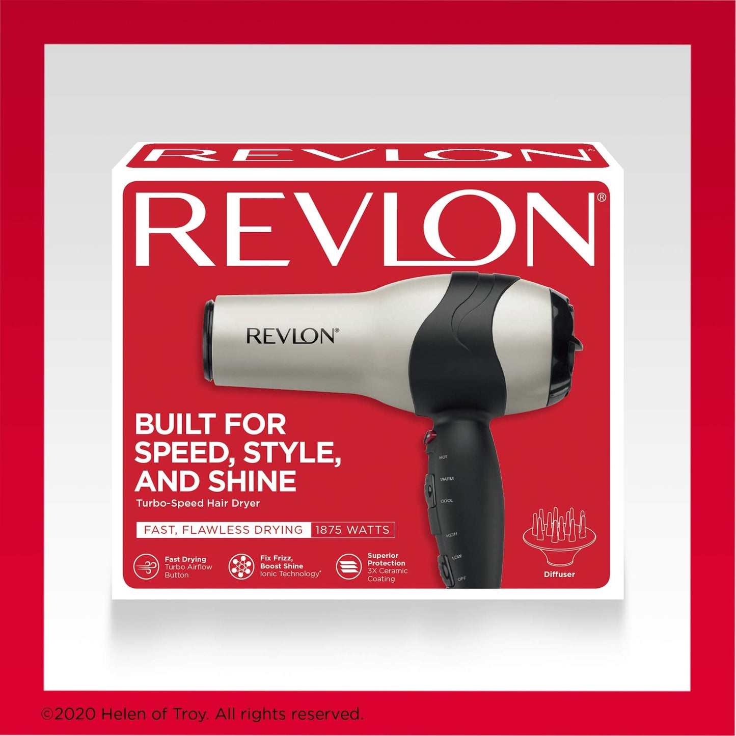 Authentic Revlon 1875 Watts maximum shine dryer packaging box with product specifications.