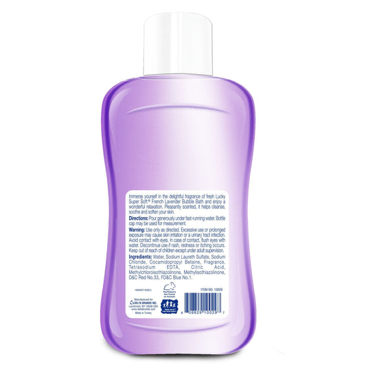 Close up of Lucky Super Soft Bubble Bath lavender fragrance packaging