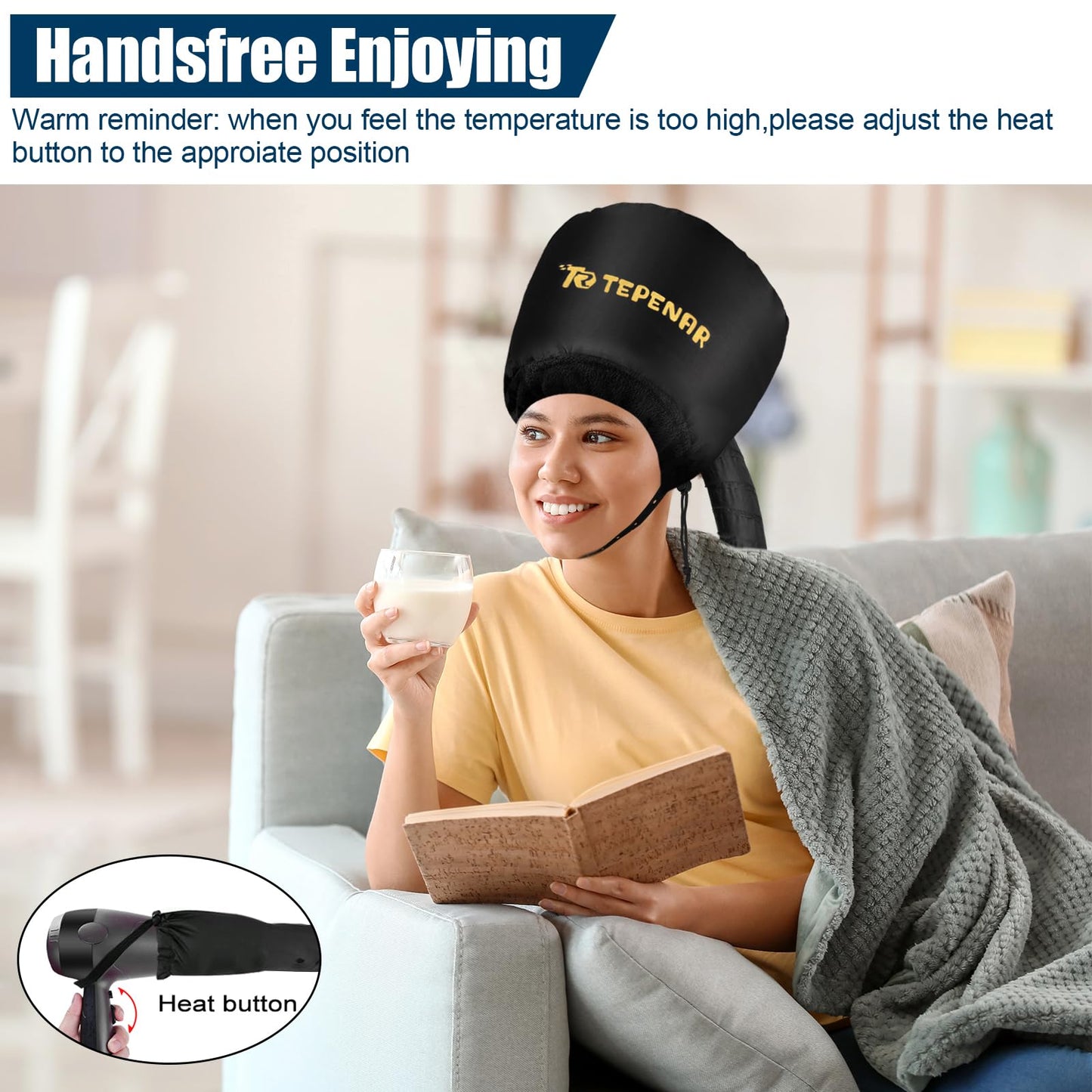 Deep conditioning treatment being performed at home using imported soft hood dryer