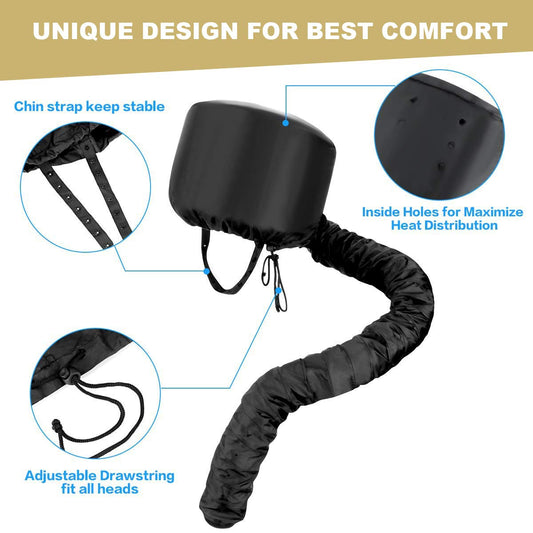 Skywee hooded hair dryer cap showing the adjustable drawstring and secure chin strap mechanism close up