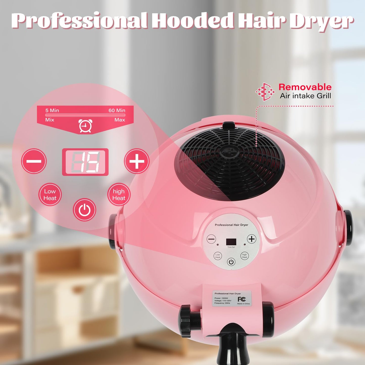 Side view of the portable standing hair dryer hood setup