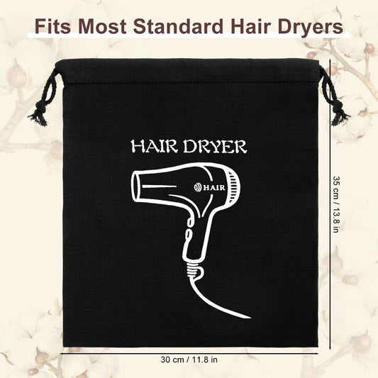 Four pieces of black blow dryer pouches laid out flat showcasing the 11.8 by 13.7 inch size.