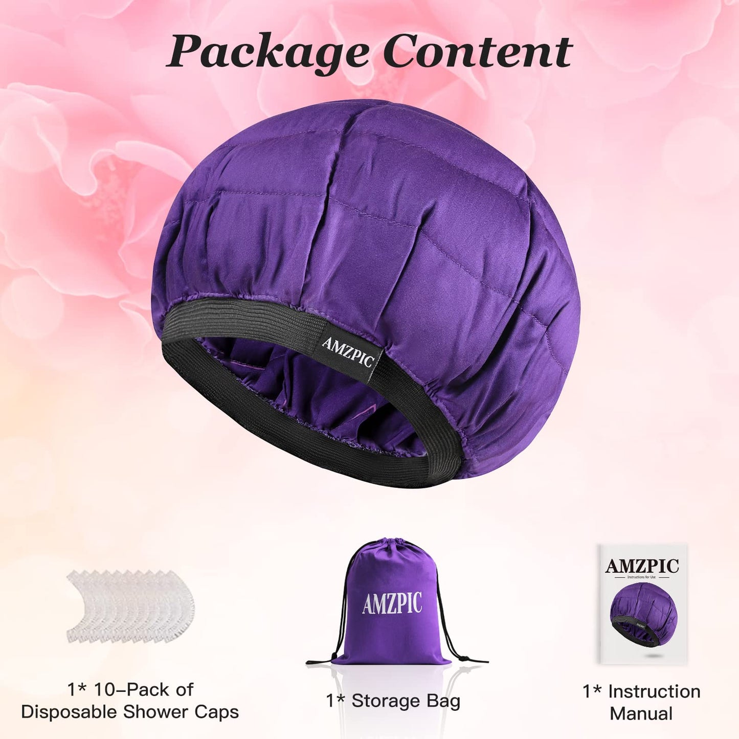 Amzpic packaging contents displaying the flaxseed heat cap with disposable shower caps