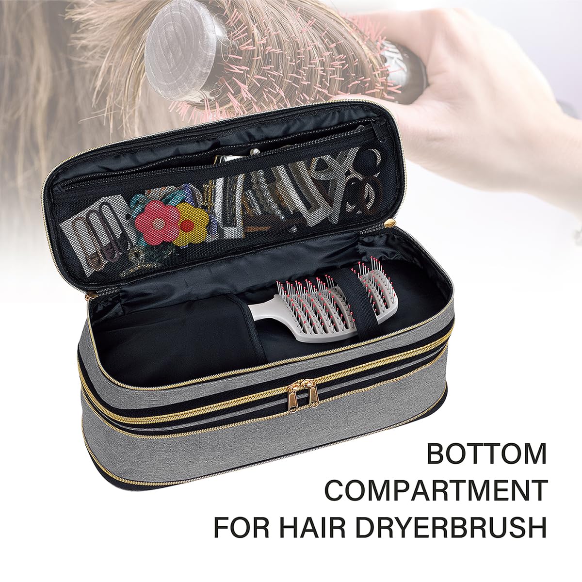 UOZL scratch resistant dual zipper cosmetics and hair tool bag standing upright on a vanity table