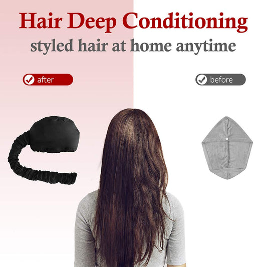 Upgraded soft hair dryer bonnet cap being used for home salon deep conditioning and hair styling