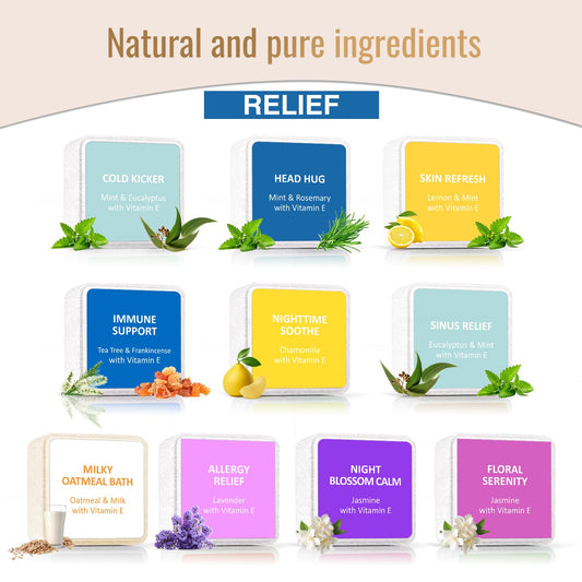 Individually wrapped thirty gram vegan shower bombs displaying variety of therapeutic essential oil scents