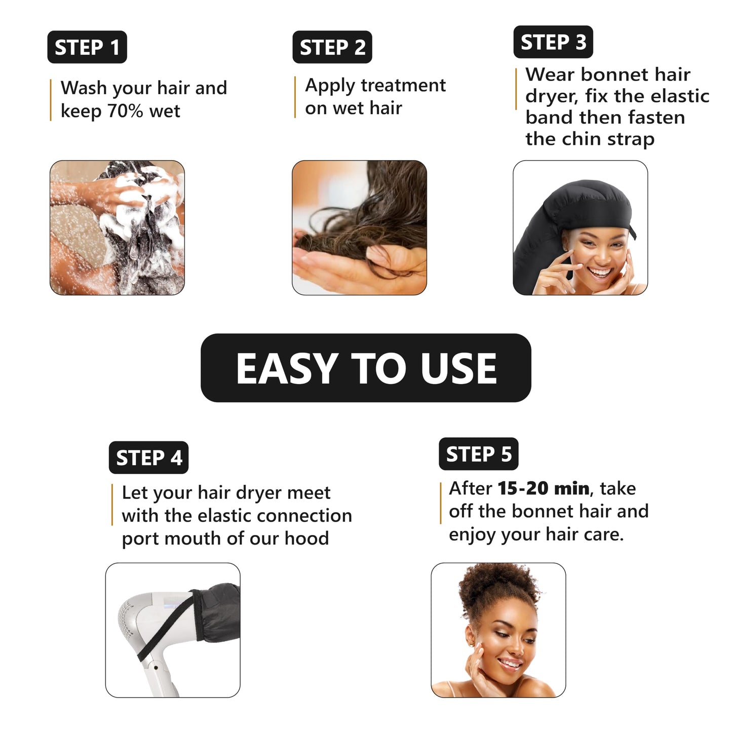 Black nylon hair steamer cap for curly hair home styling by Granteva.