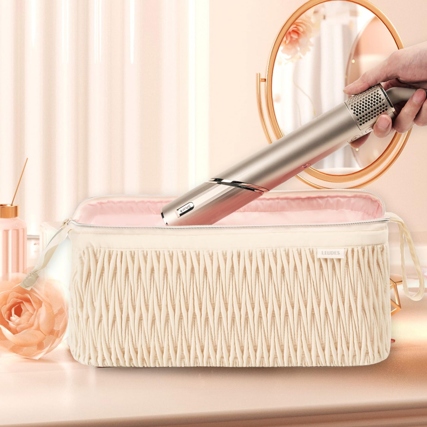 Leudes luxury beige cosmetic and hair tool travel organizer side view profile