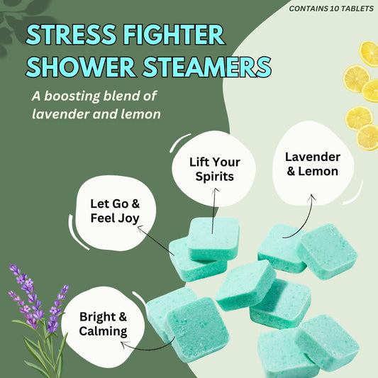 Handmade lavender and lemon essential oil shower bomb tablets unboxed on a clean surface