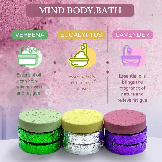 Individually foil wrapped lavender verbena and eucalyptus shower bomb tablets