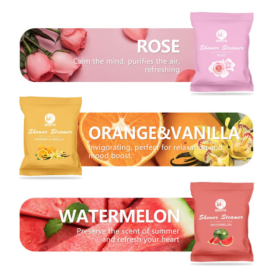 MR MIRYE organic shower bombs display showing six different essential oil scents including lavender and rose