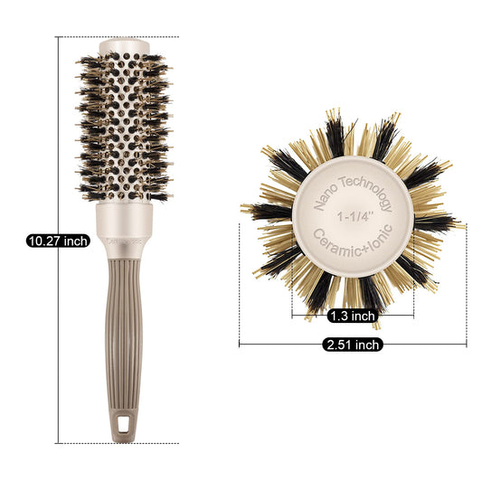 Close up of the boar bristles and nylon teeth on the 1.25 inch nano thermal ceramic ionic hair brush