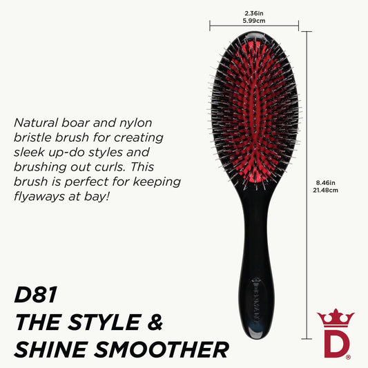 Denman natural boar bristle brush with nylon quills for hair smoothing and shine.