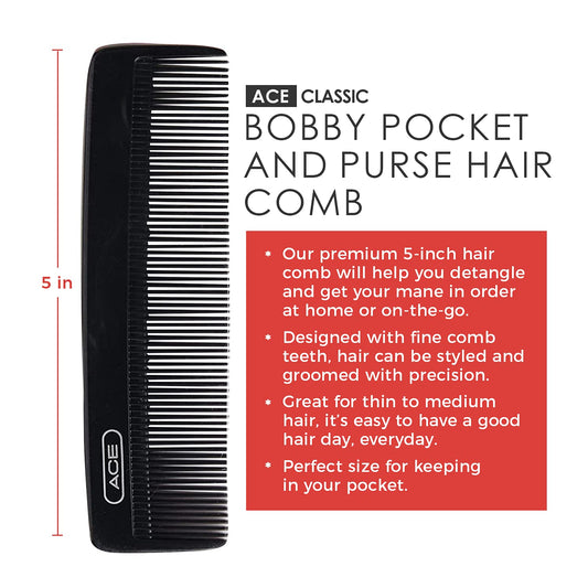 Ace five inch black pocket comb placed inside a small travel purse
