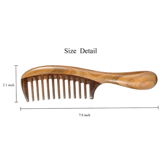 Close up of the handmade wide teeth on the Louise Maelys green sandalwood comb showing smooth edges