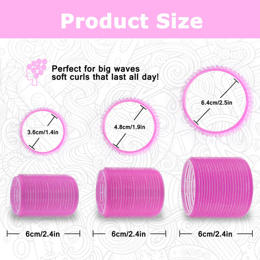 Three different sizes of heatless velcro curlers displayed with accompanying duckbill clips
