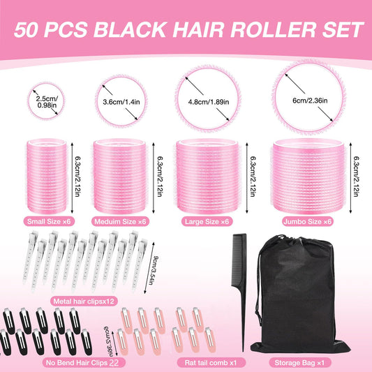 Four different sizes of pink Velcro hair curlers organized next to a black styling comb