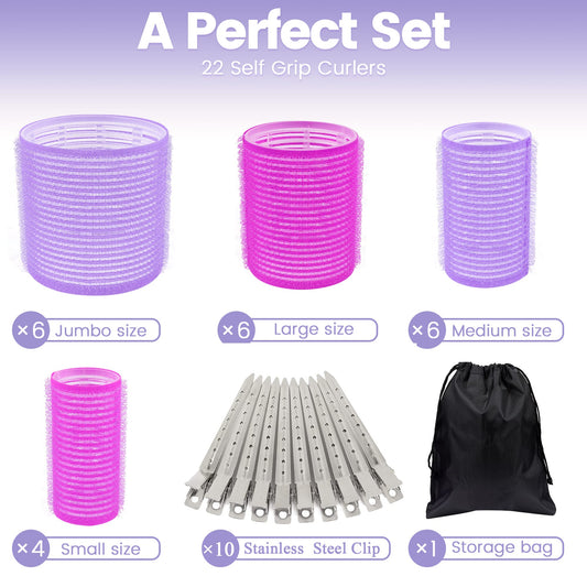 Heatless Velcro hair curlers in multiple sizes with stainless steel clips for volume