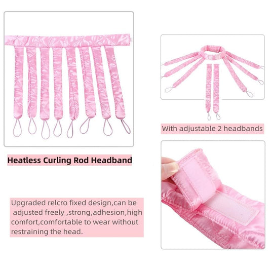 Close-up of the adjustable velcro straps on the pink satin heat-free curling rod.